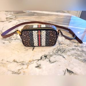 Burberry - Authentic E-canvas monogram stripe micro camera bag; bridle brown